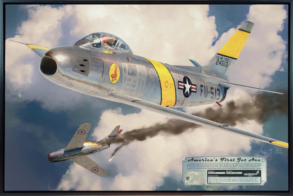 Painting of F-86 jet shooting down airplane